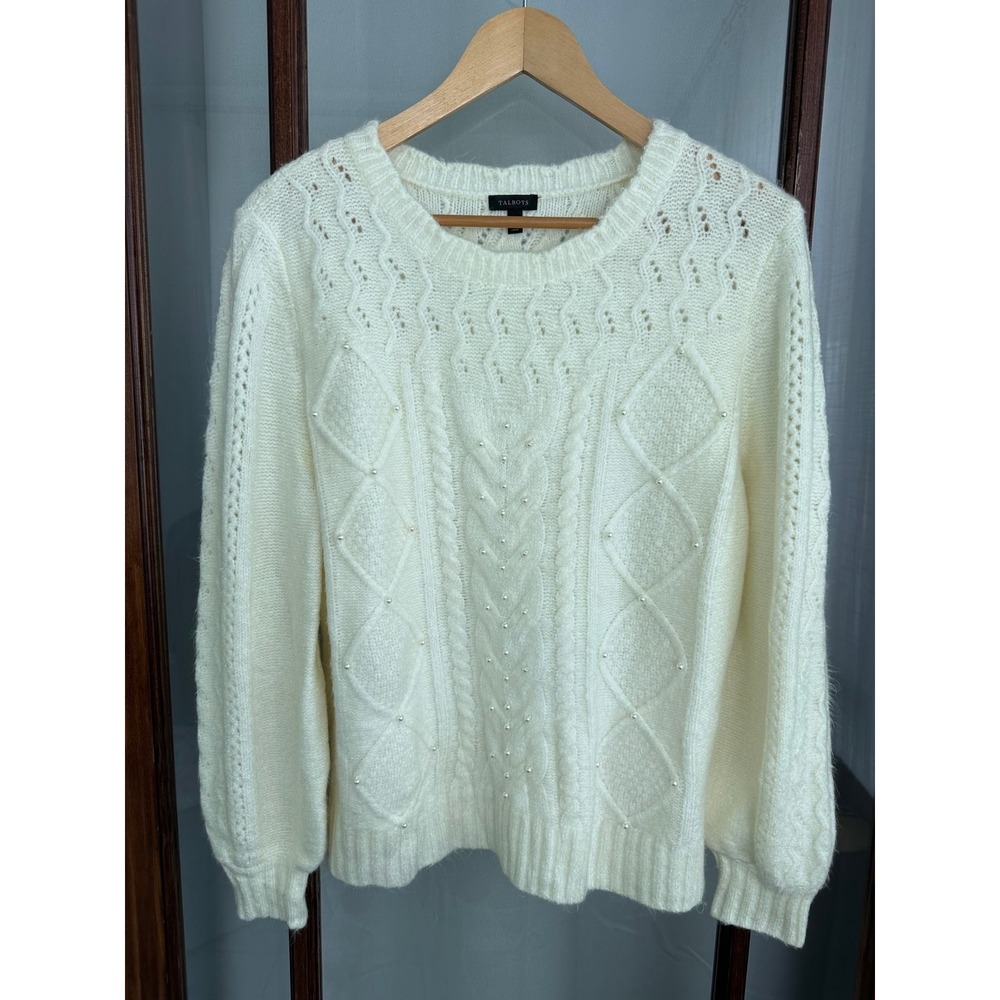 Talbots Sweater Women's L Ivory Long Sleeve Crewneck Cable Knit Ribbed Pearls